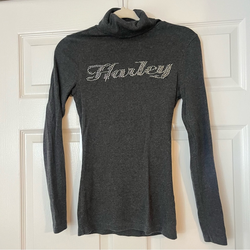 Women's Harley Top S Rhinestone Gray Turtleneck Top
